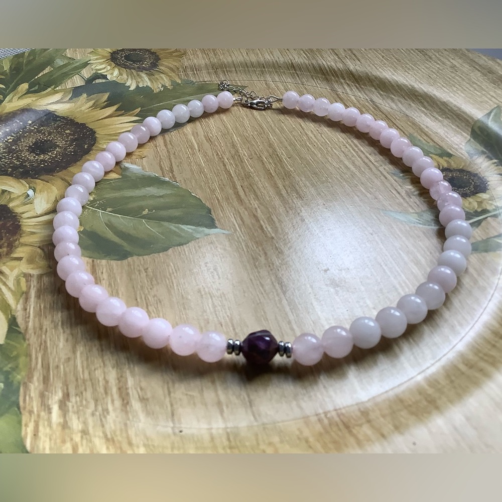 Crystal necklace handmade beaded rose Quartz necklace 18”